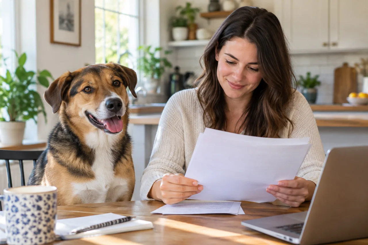 Owner reviewing a document beside a brown-and-white dog